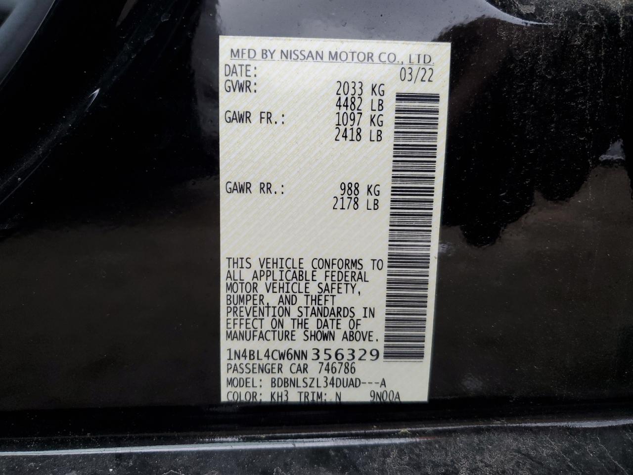 2022 NISSAN ALTIMA SR VIN:1N4BL4CW6NN356329