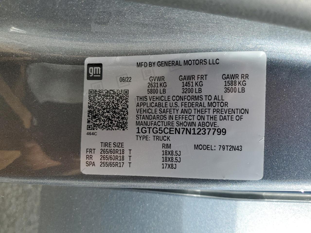 2022 GMC CANYON ELEVATION VIN:1GTG5CEN7N1237799