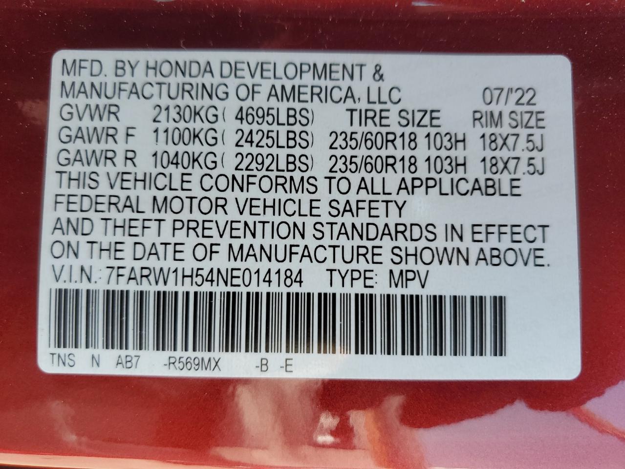 2022 HONDA CR-V EX VIN:7FARW1H54NE014184