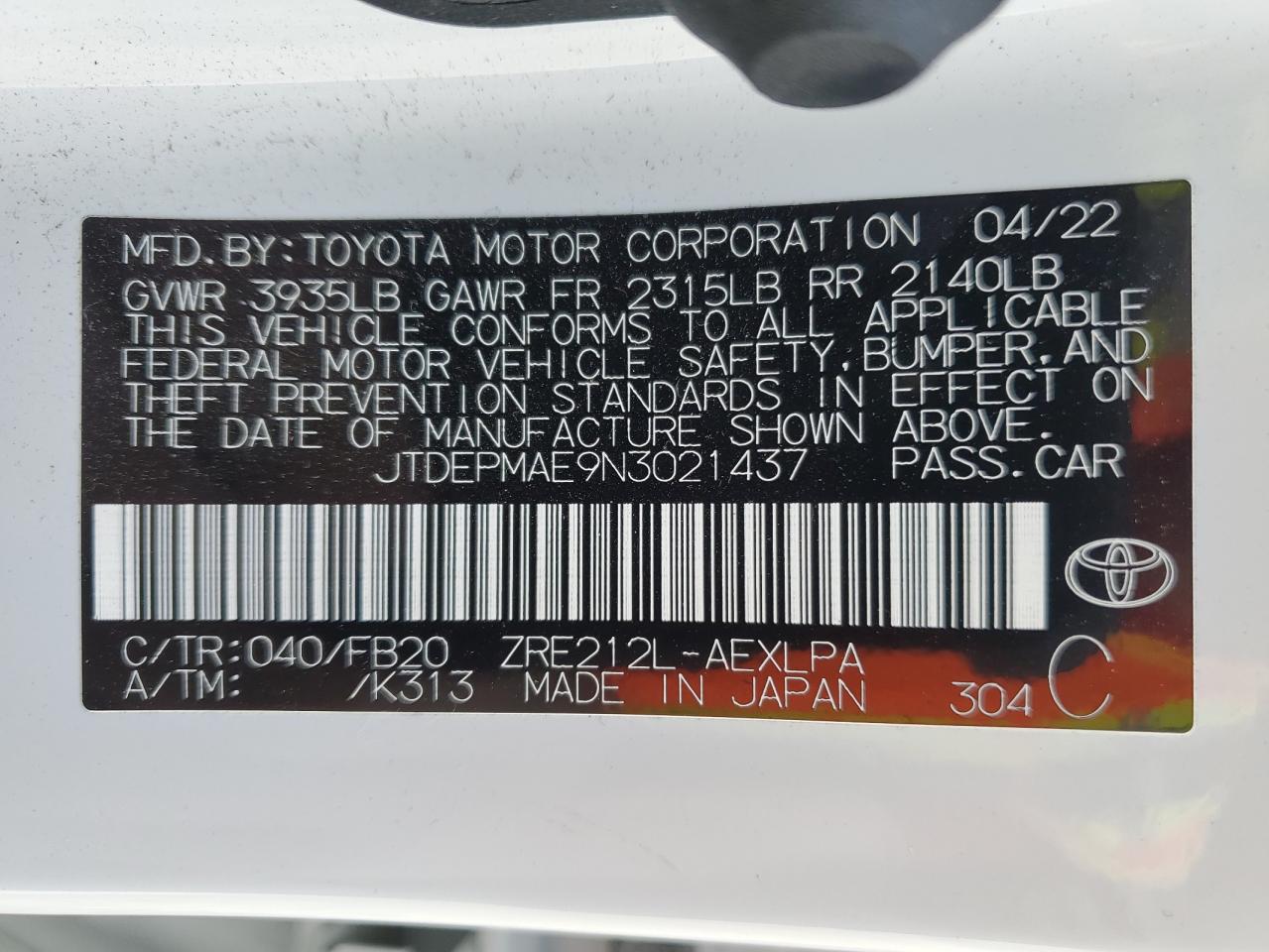 2022 TOYOTA COROLLA LE VIN:JTDEPMAE9N3021437