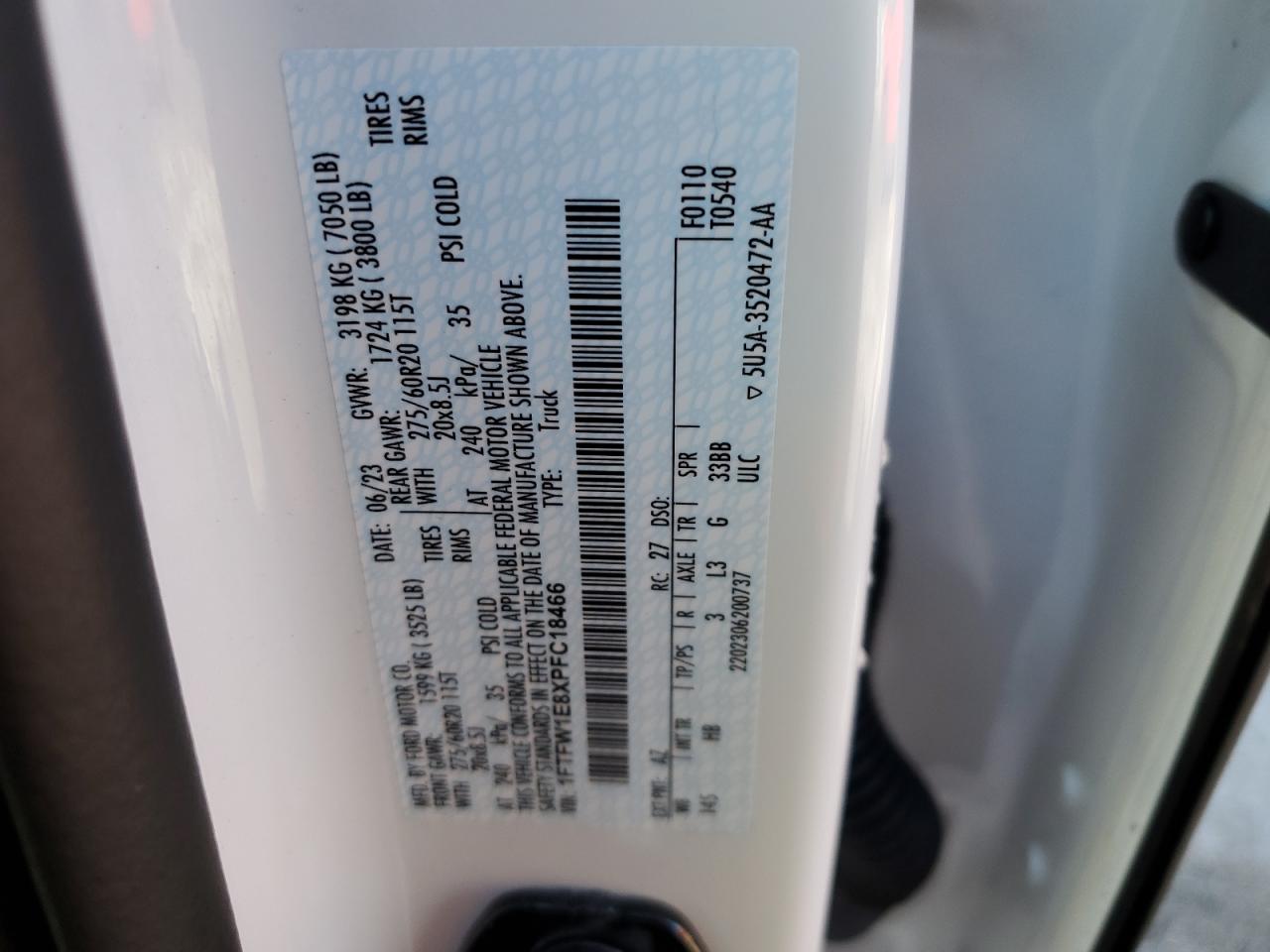 2023 FORD F150 SUPERCREW VIN:1FTFW1E8XPFC18466