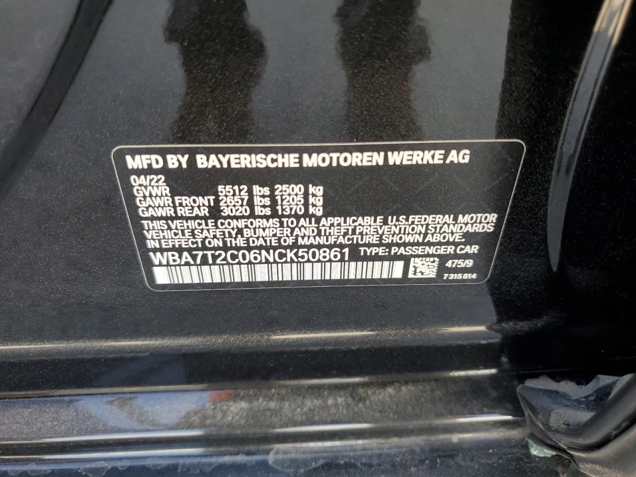 2022 BMW 740 I VIN:WBA7T2C06NCK50861