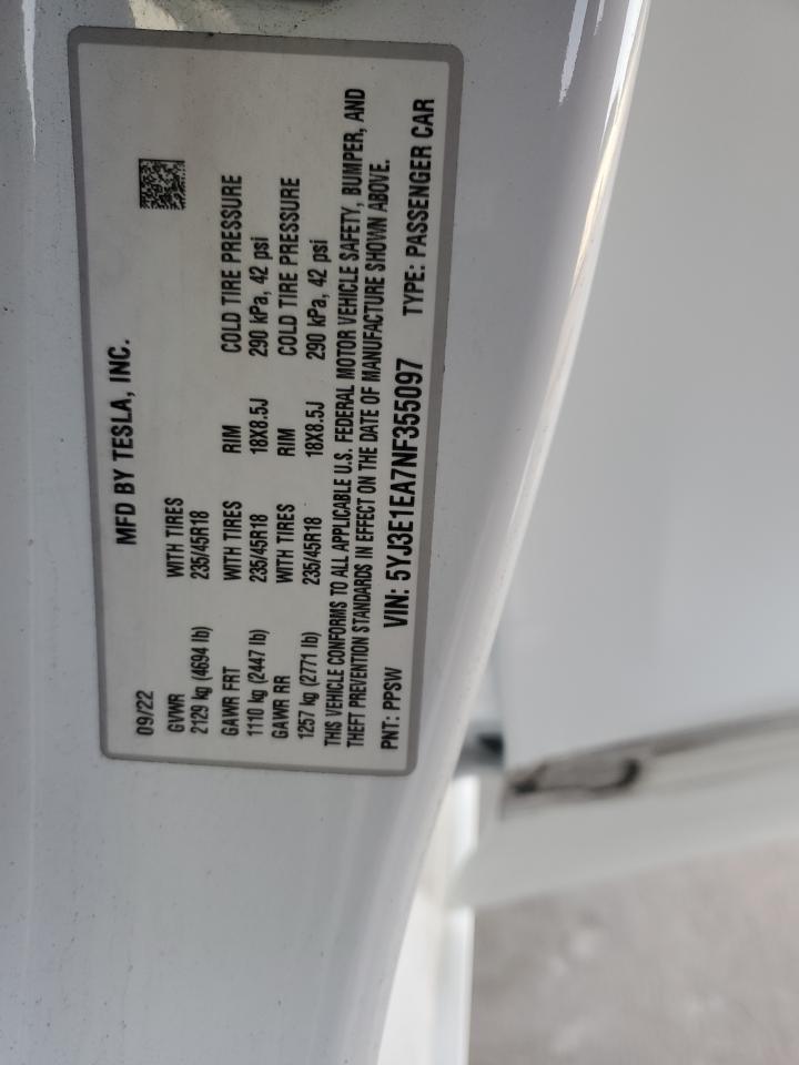 2022 TESLA MODEL 3  VIN:5YJ3E1EA7NF355097