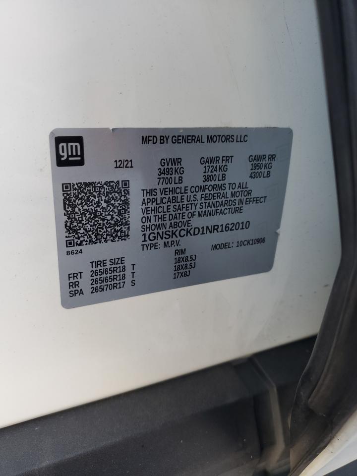 2022 CHEVROLET SUBURBAN K1500 LT VIN:1GNSKCKD1NR162010