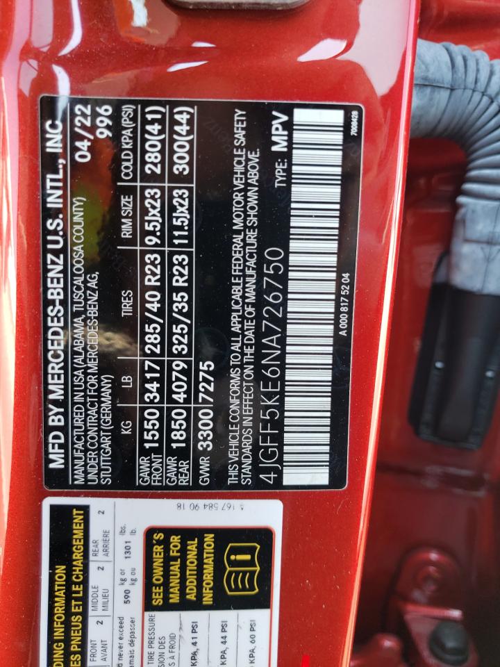 2022 MERCEDES-BENZ GLS 450 4MATIC VIN:4JGFF5KE6NA726750