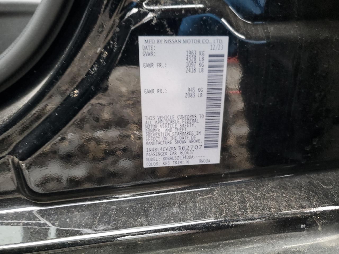 2024 NISSAN ALTIMA SR VIN:1N4BL4CV2RN362707