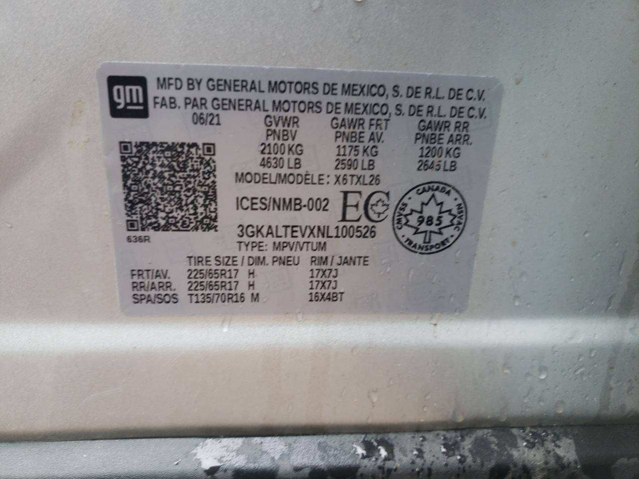 2022 GMC TERRAIN SLE VIN:3GKALTEVXNL100526