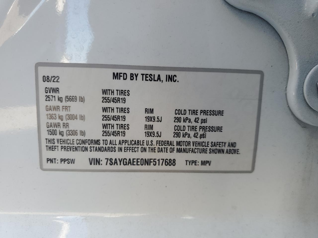 2022 TESLA MODEL Y  VIN:7SAYGAEE0NF517688