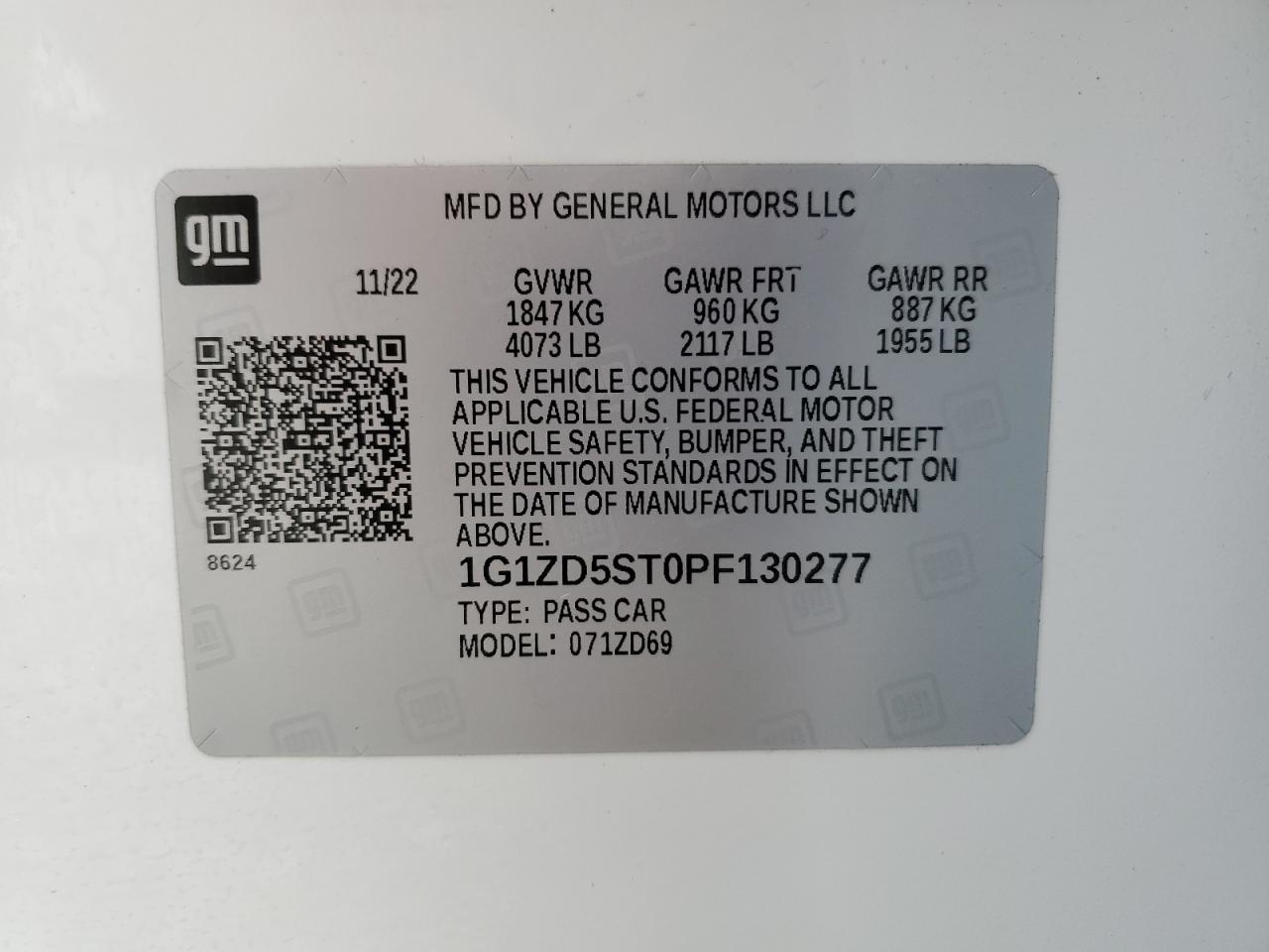 2023 CHEVROLET MALIBU LT VIN:1G1ZD5ST0PF130277