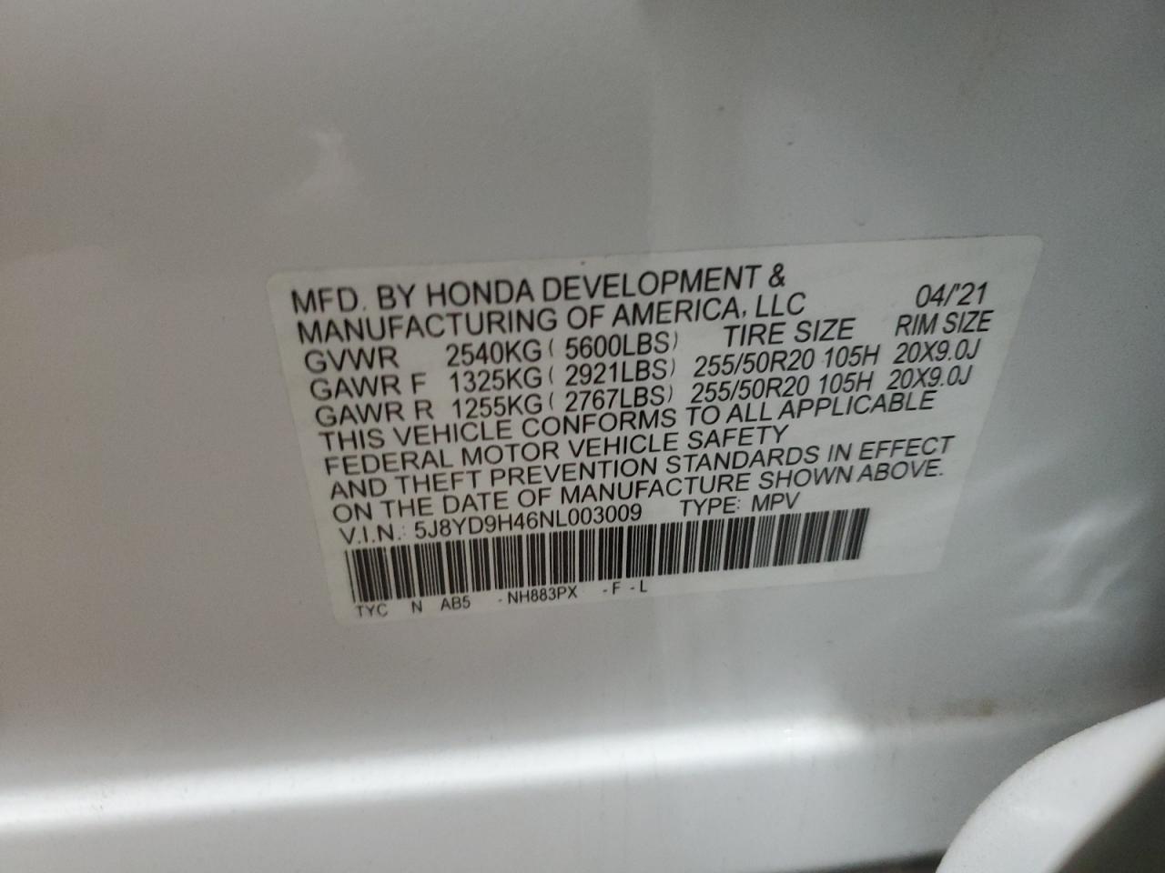 2022 ACURA MDX TECHNOLOGY VIN:5J8YD9H46NL003009