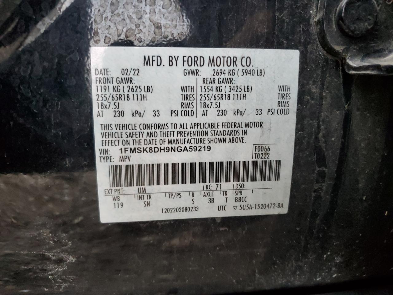 2022 FORD EXPLORER XLT VIN:1FMSK8DH9NGA59219