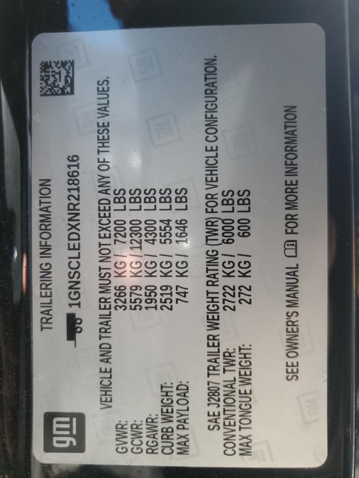 2022 CHEVROLET TAHOE C1500 VIN:1GNSCLEDXNR218616