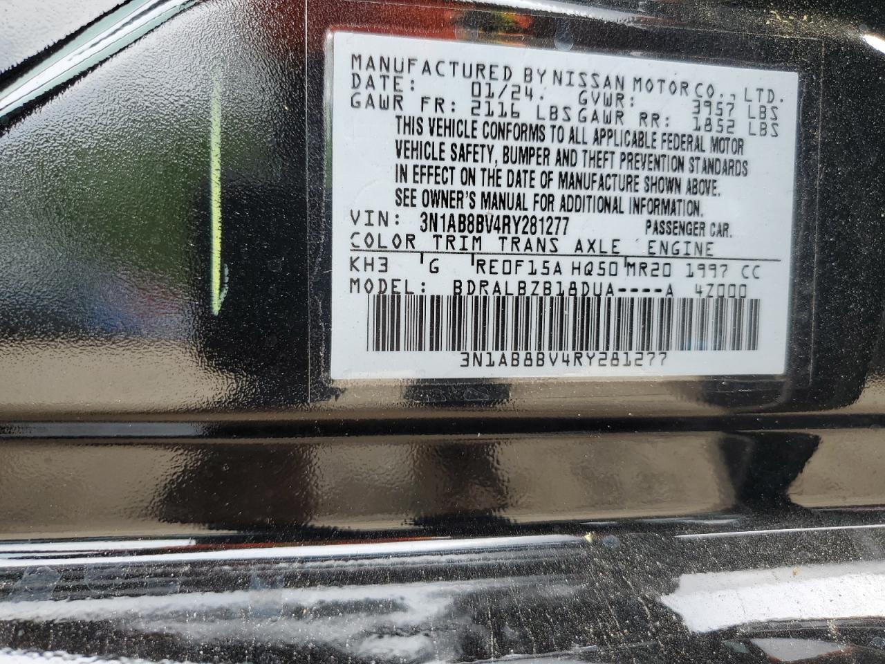 2024 NISSAN SENTRA S VIN:3N1AB8BV4RY281277