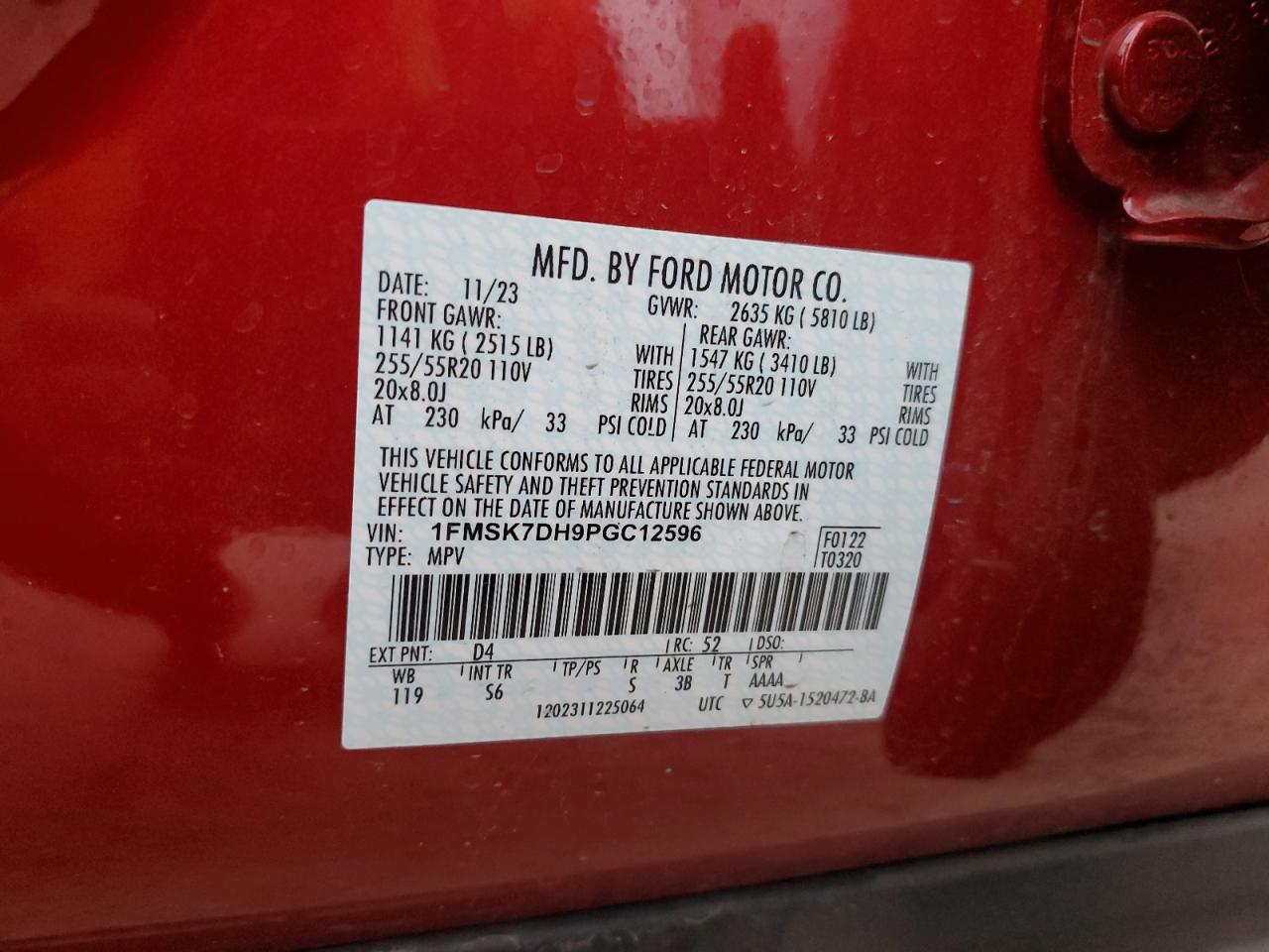 2023 FORD EXPLORER XLT VIN:1FMSK7DH9PGC12596