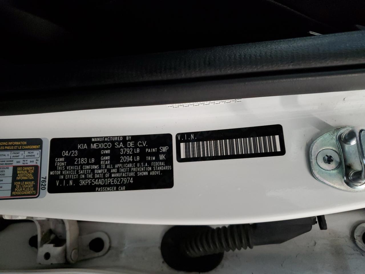 2023 KIA FORTE GT LINE VIN:3KPF54AD1PE627974