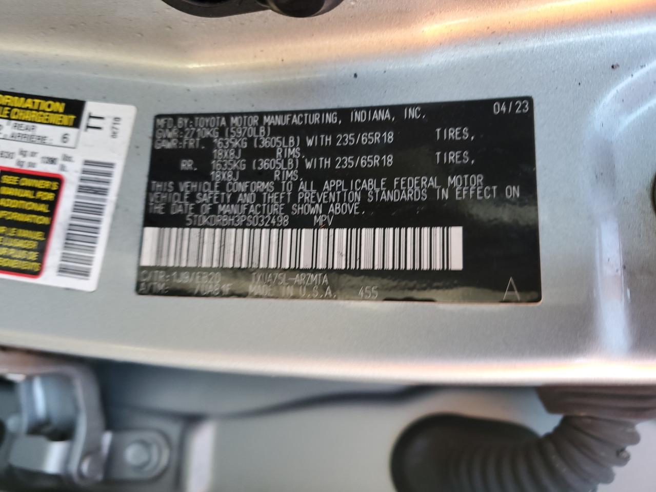 2023 TOYOTA HIGHLANDER L VIN:5TDKDRBH3PS032498