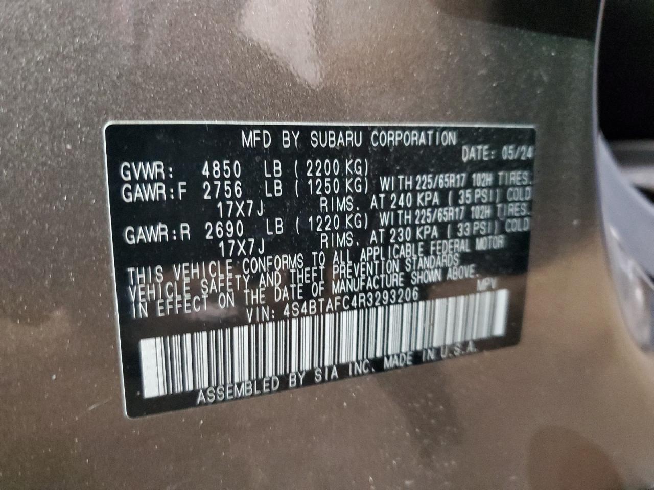 2024 SUBARU OUTBACK PREMIUM VIN:4S4BTAFC4R3293206
