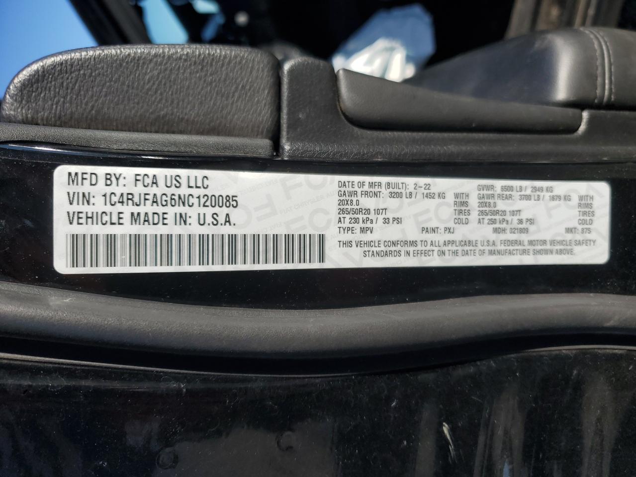 2022 JEEP GRAND CHEROKEE LAREDO E VIN:1C4RJFAG6NC120085