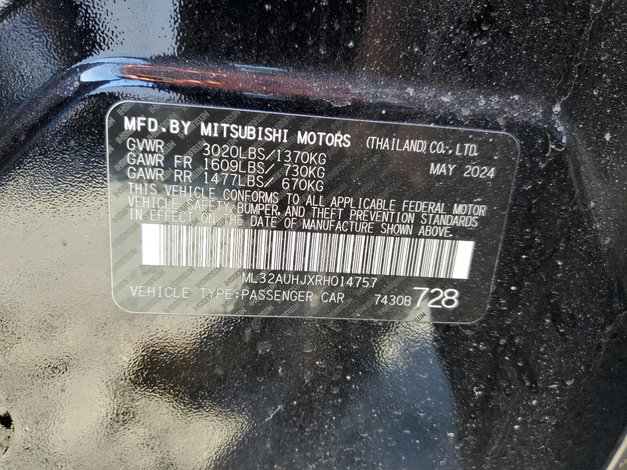 2024 MITSUBISHI MIRAGE ES VIN:ML32AUHJXRH014757