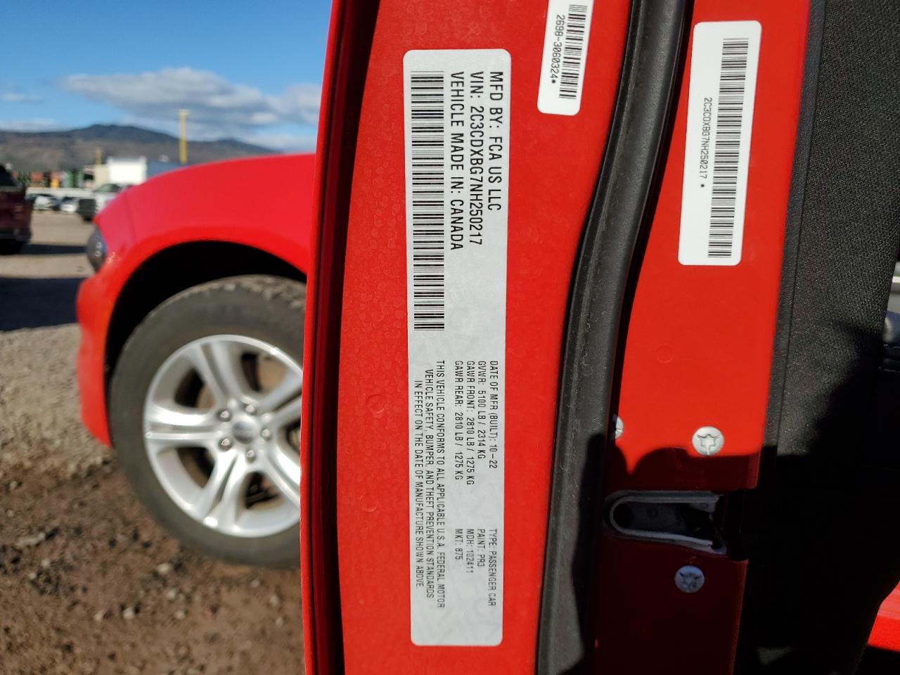 2022 DODGE CHARGER SXT VIN:2C3CDXBG7NH250217