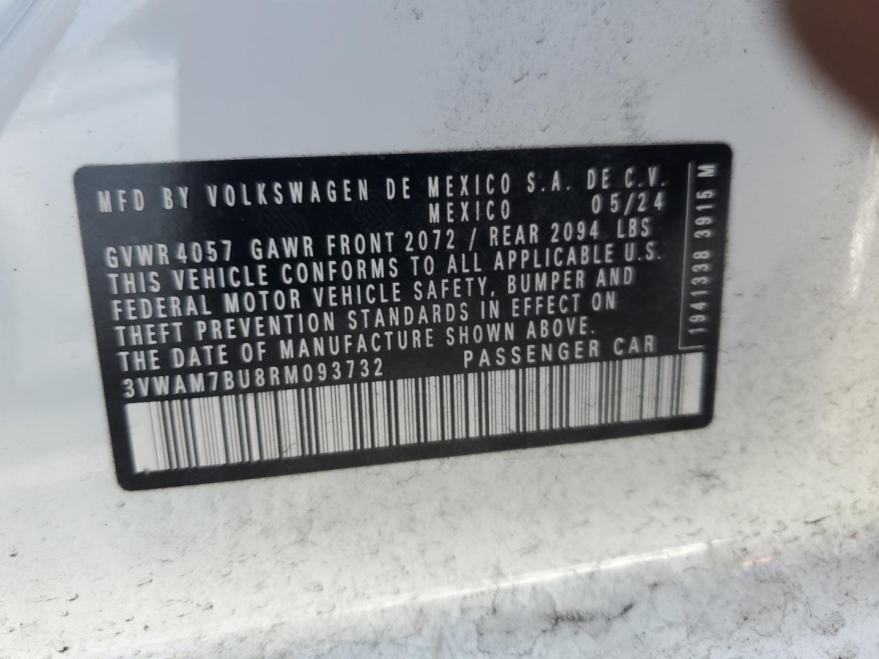 2024 VOLKSWAGEN JETTA SPORT VIN:3VWAM7BU8RM093732