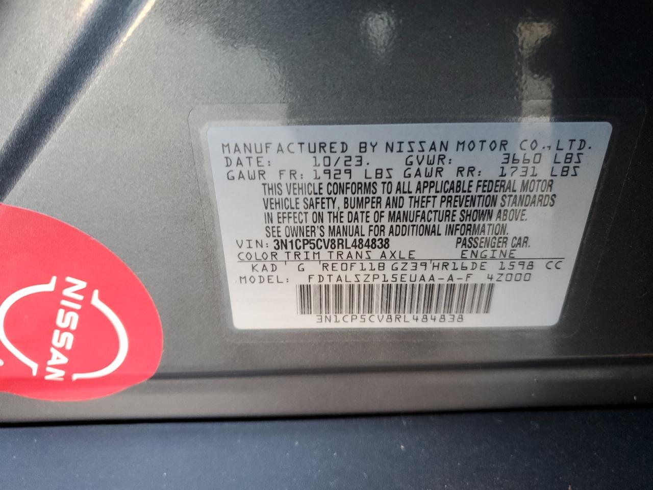2024 NISSAN KICKS SV VIN:3N1CP5CV8RL484838
