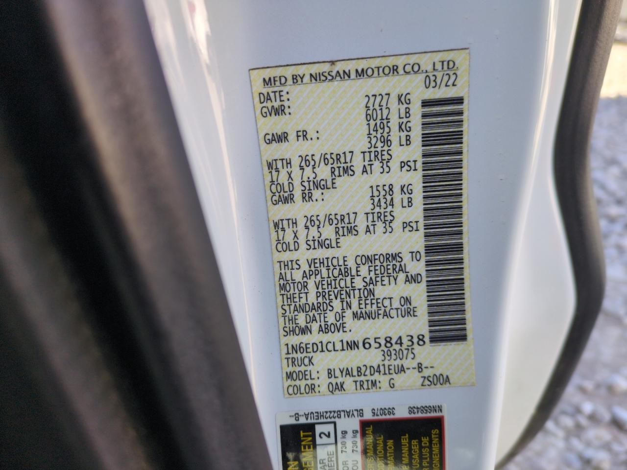 2022 NISSAN FRONTIER S VIN:1N6ED1CL1NN658438