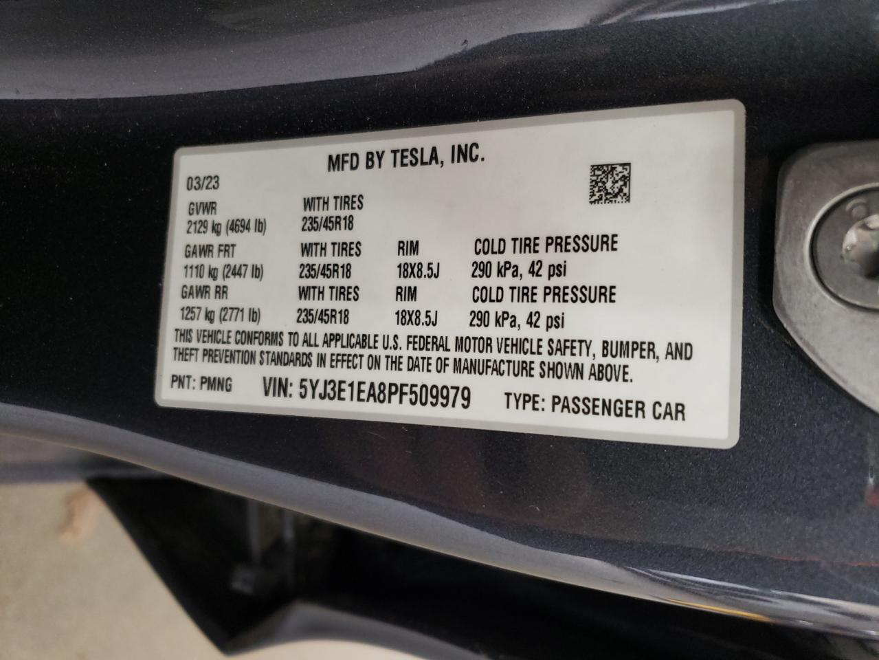 2023 TESLA MODEL 3  VIN:5YJ3E1EA8PF509979