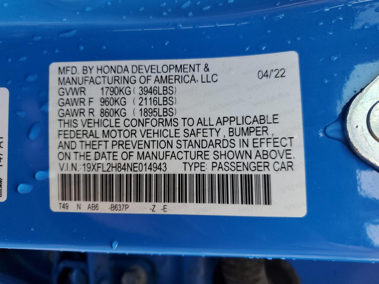 2022 HONDA CIVIC SPORT VIN:19XFL2H84NE014943