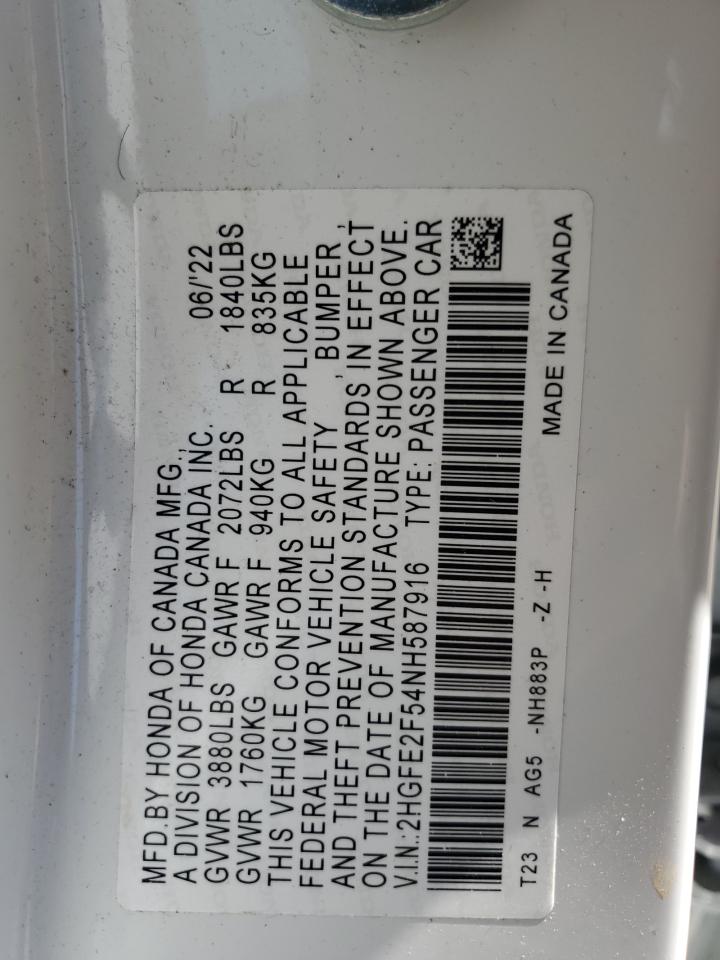 2022 HONDA CIVIC SPORT VIN:2HGFE2F54NH587916