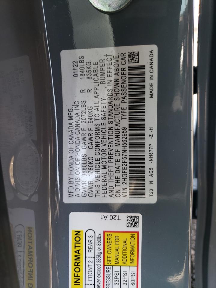 2022 HONDA CIVIC SPORT VIN:2HGFE2F57NH562959