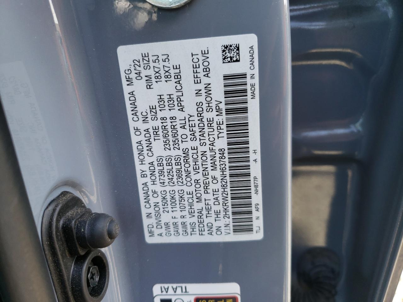 2022 HONDA CR-V EXL VIN:2HKRW2H82NH637848