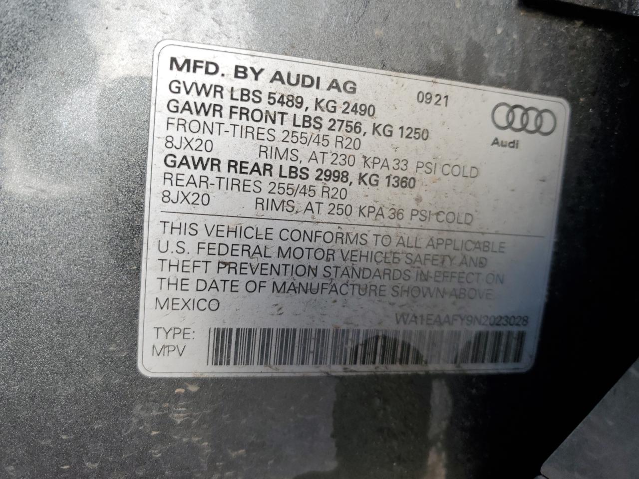 2022 AUDI Q5 PREMIUM PLUS 45 VIN:WA1EAAFY9N2023028