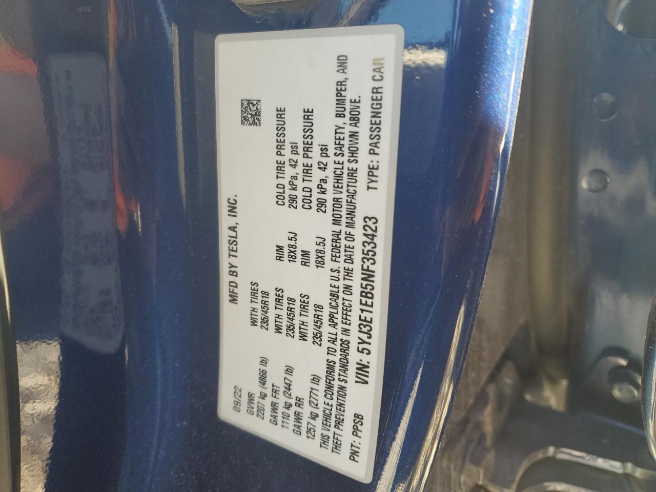 2022 TESLA MODEL 3  VIN:5YJ3E1EB5NF353423