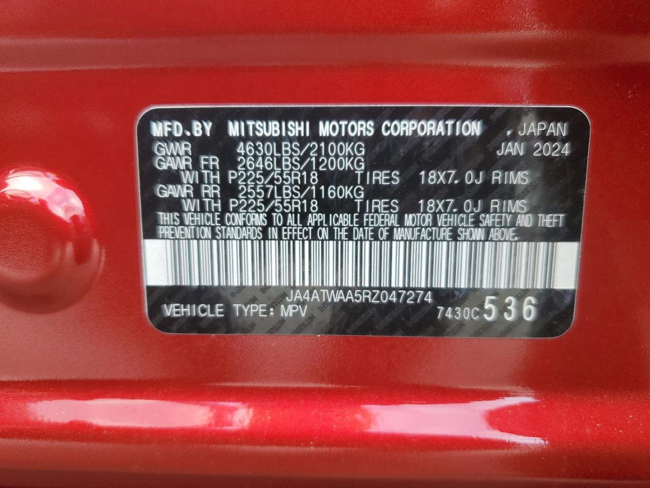 2024 MITSUBISHI ECLIPSE CROSS SE VIN:JA4ATWAA5RZ047274