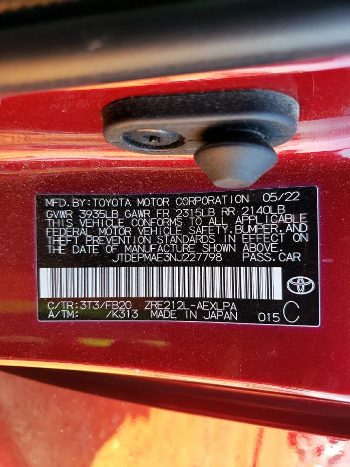 2022 TOYOTA COROLLA LE VIN:JTDEPMAE3NJ227798