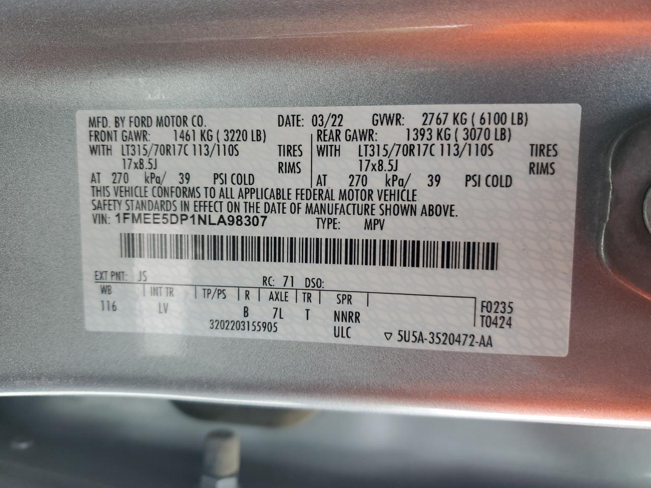 2022 FORD BRONCO BASE VIN:1FMEE5DP1NLA98307
