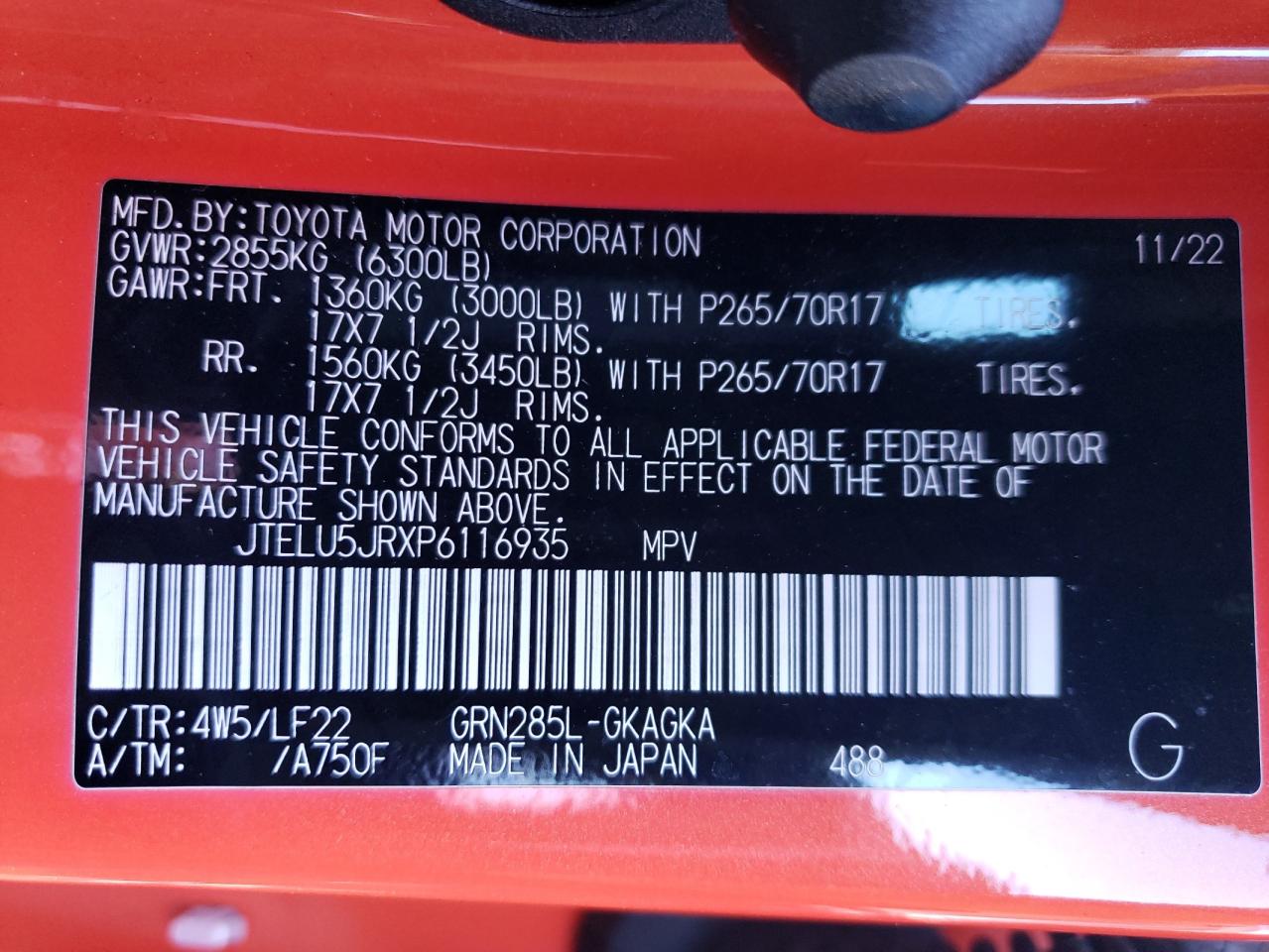 2023 TOYOTA 4RUNNER SE VIN:JTELU5JRXP6116935