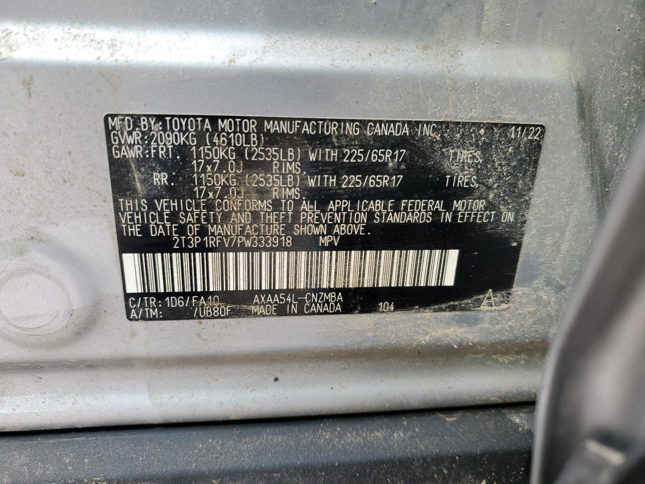 2023 TOYOTA RAV4 XLE VIN:2T3P1RFV7PW333918