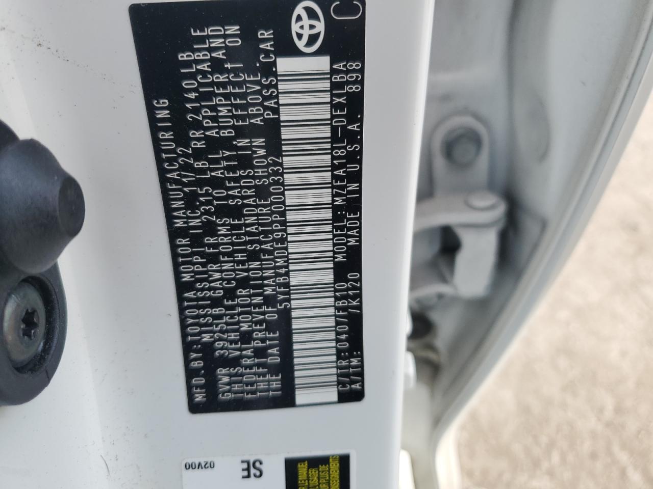 2023 TOYOTA COROLLA LE VIN:5YFB4MDE9PP000332