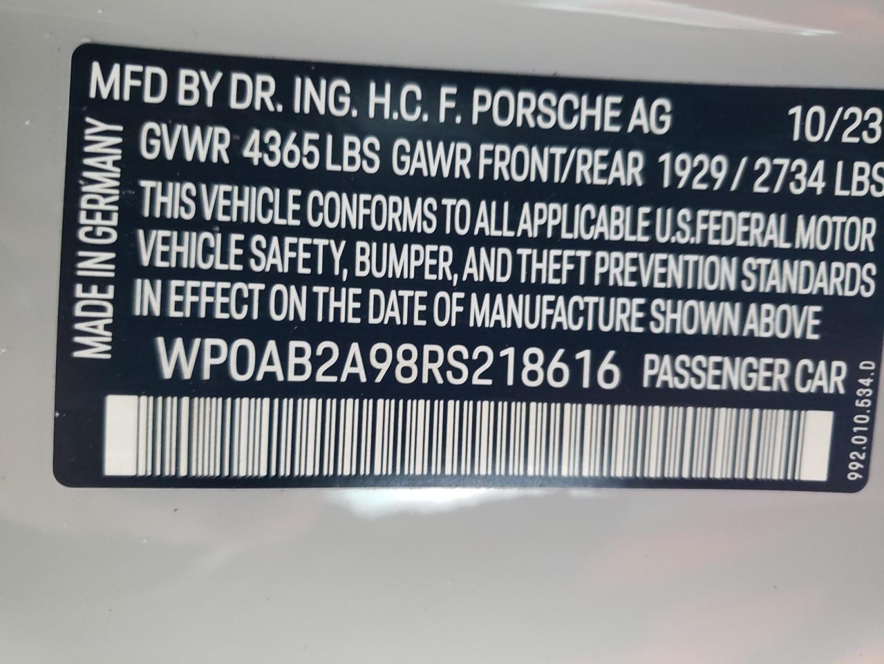 2024 PORSCHE 911 CARRERA S VIN:WP0AB2A98RS218616