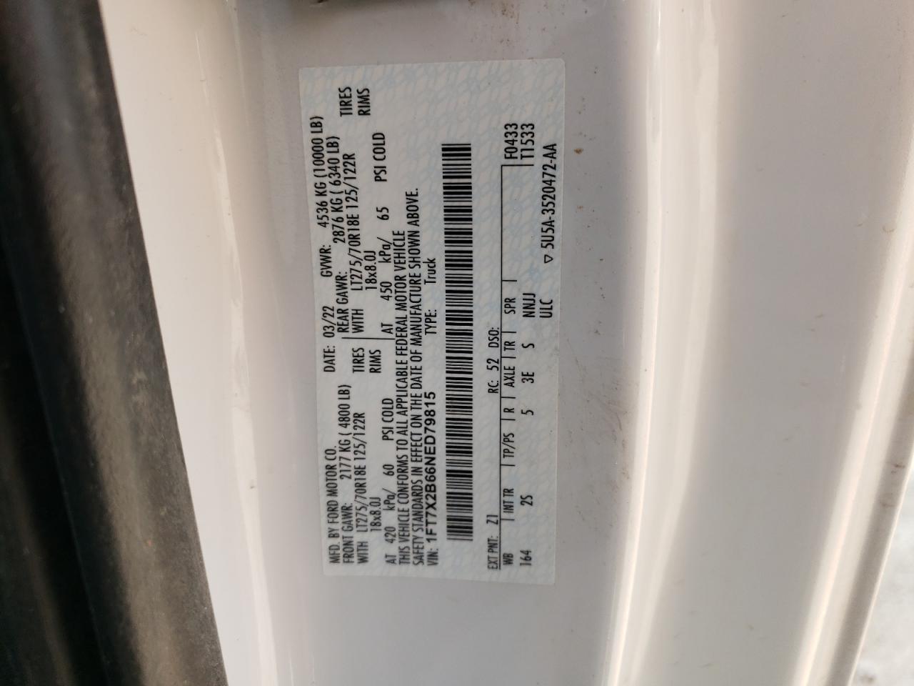 2022 FORD F250 SUPER DUTY VIN:1FT7X2B66NED79815
