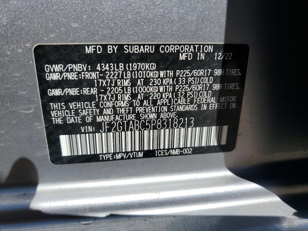 2023 SUBARU CROSSTREK  VIN:JF2GTABC5P8318213