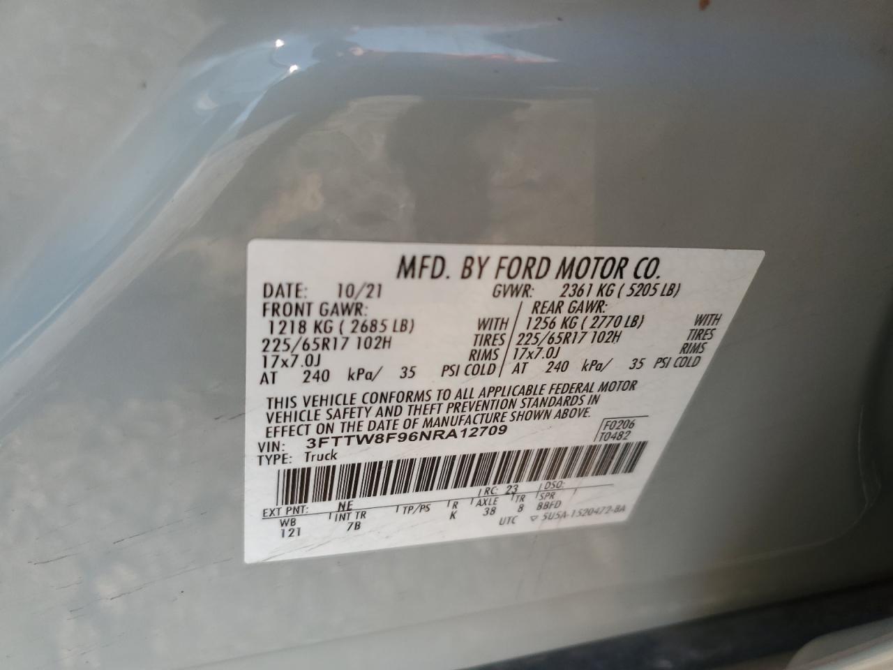 2022 FORD MAVERICK XL VIN:3FTTW8F96NRA12709