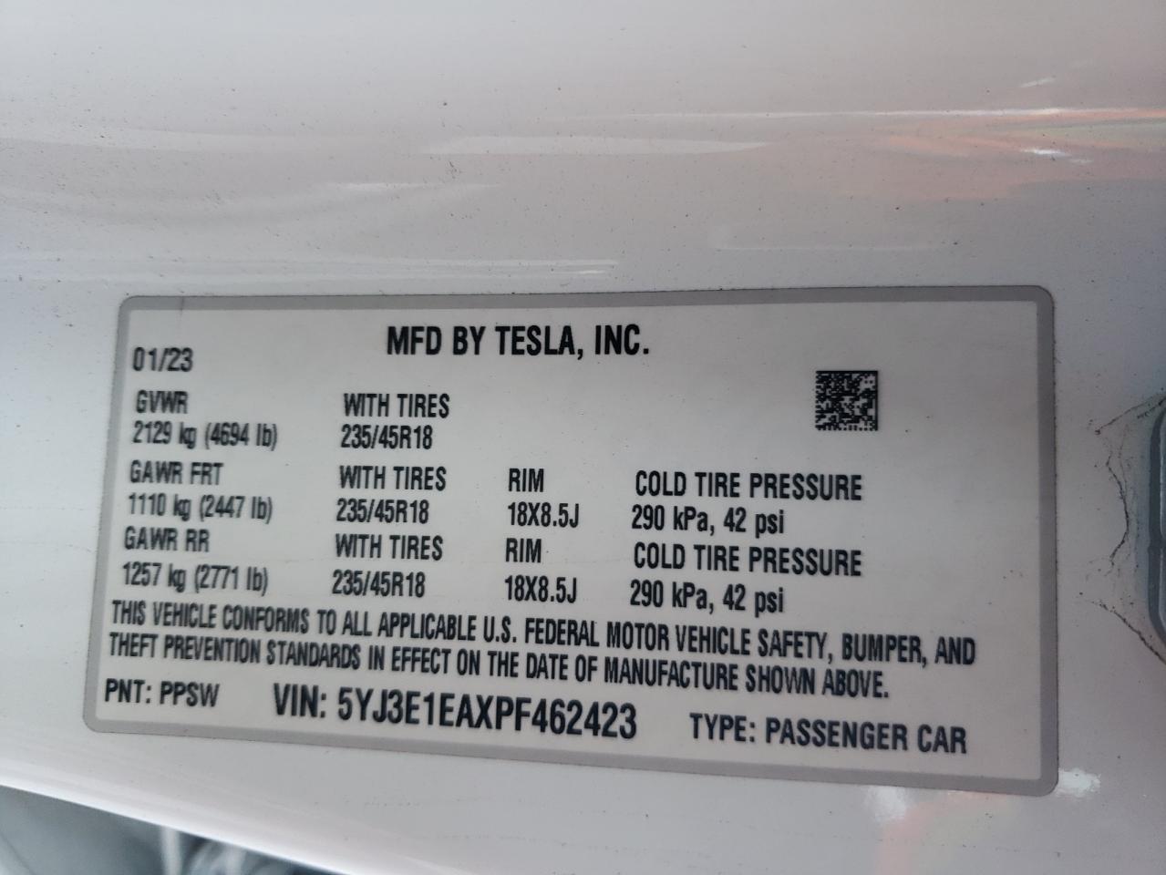 2023 TESLA MODEL 3  VIN:5YJ3E1EAXPF462423