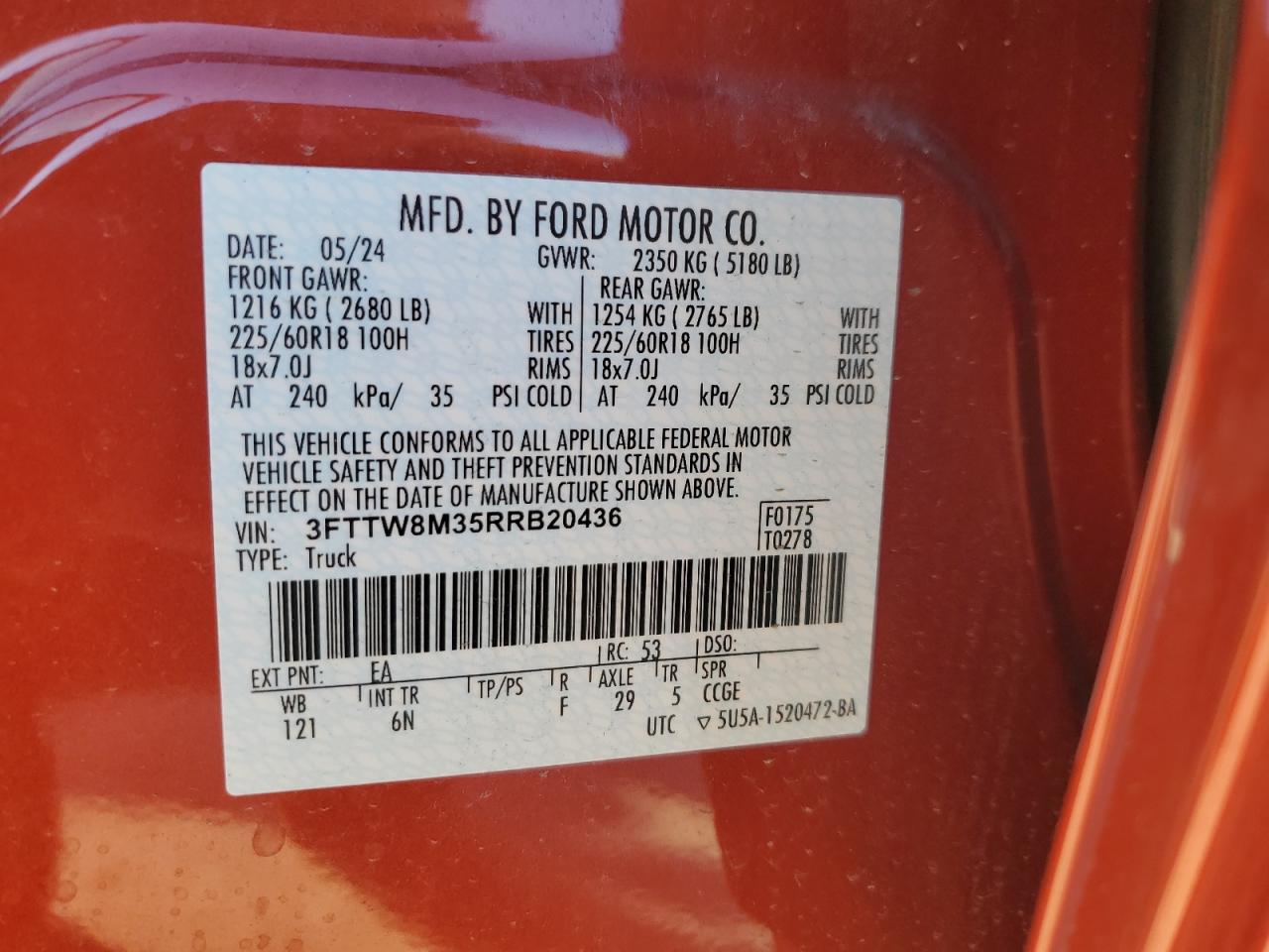 2024 FORD MAVERICK LARIAT VIN:3FTTW8M35RRB20436