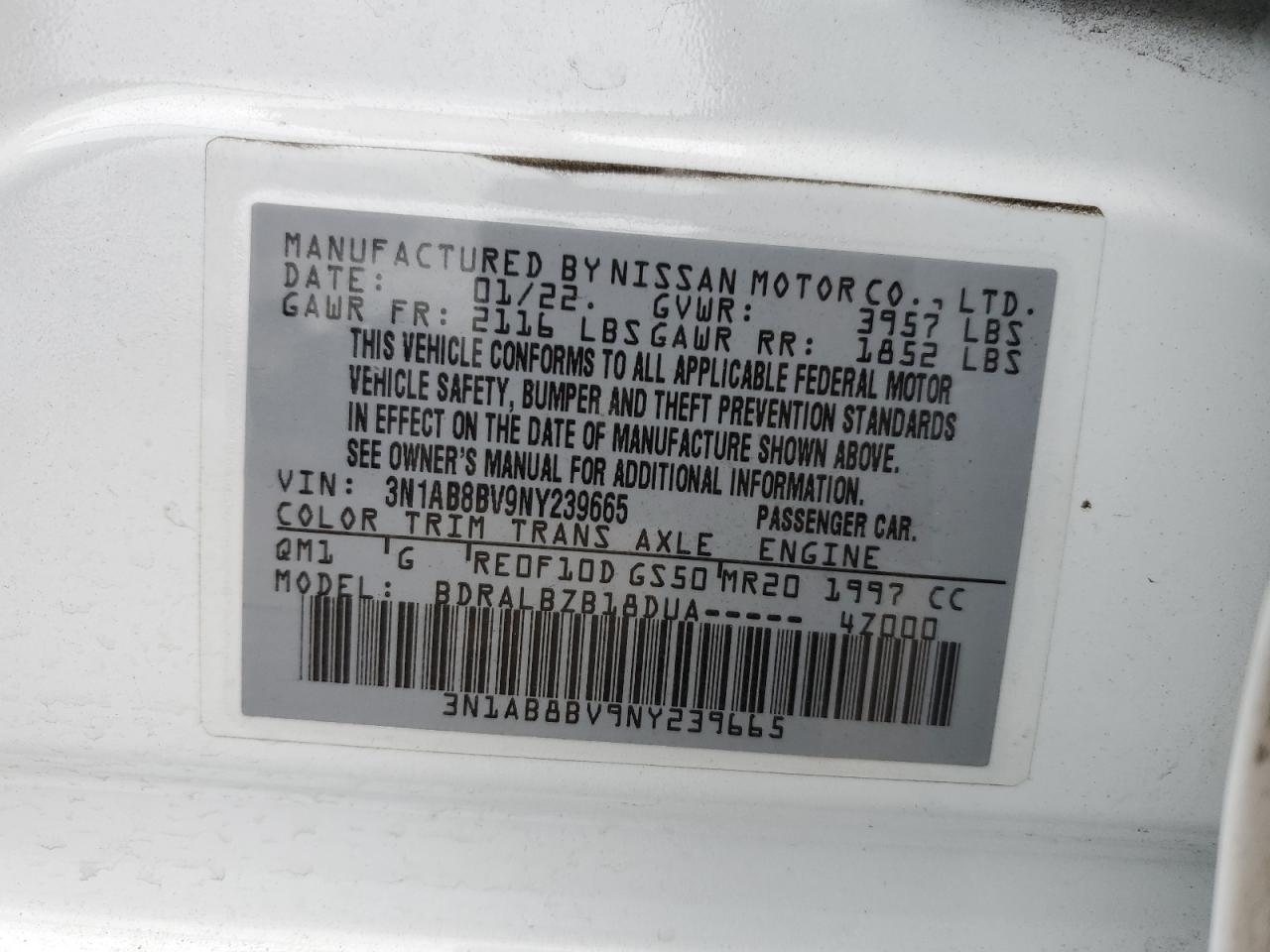 2022 NISSAN SENTRA S VIN:3N1AB8BV9NY239665