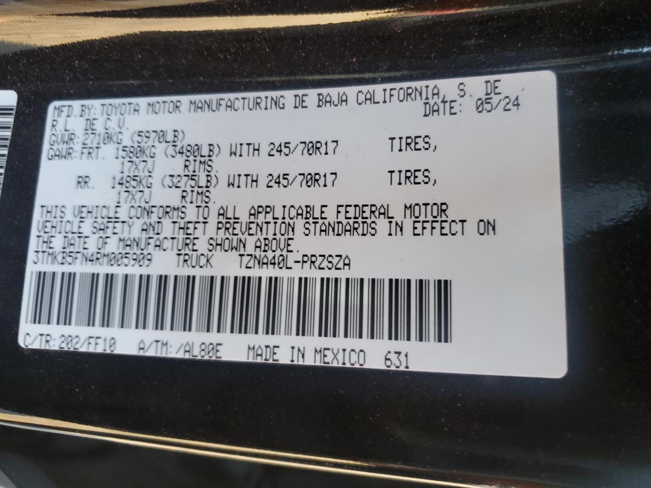 2024 TOYOTA TACOMA DOUBLE CAB VIN:3TMKB5FN4RM005909