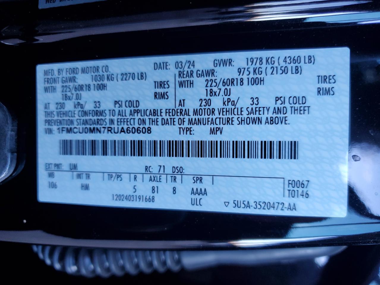 2024 FORD ESCAPE ST LINE VIN:1FMCU0MN7RUA60608