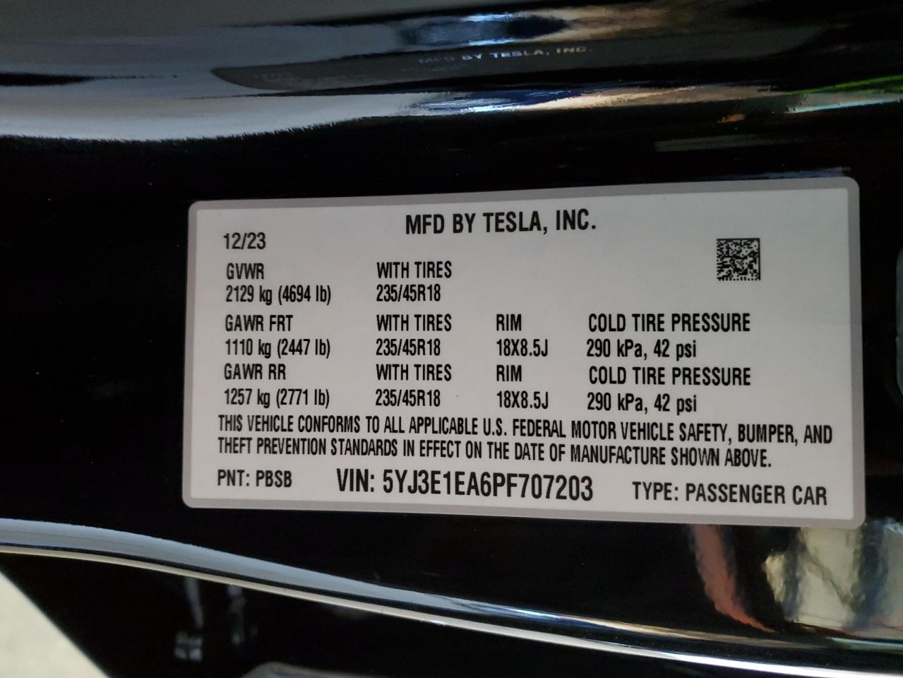 2023 TESLA MODEL 3  VIN:5YJ3E1EA6PF707203